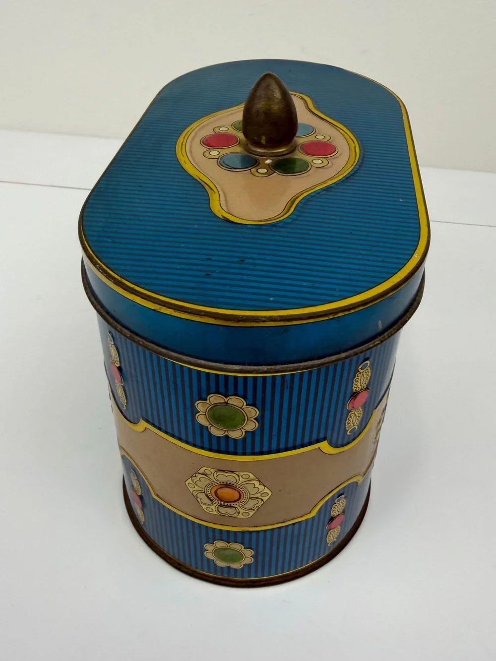 Vintage Blue Floral Tin Canister Storage Box with Brass Lid Knob